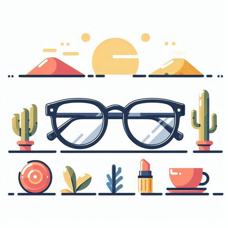 Trendy flat style vector illustration. Glasses, cactus, coffee and other objects.のイラスト素材