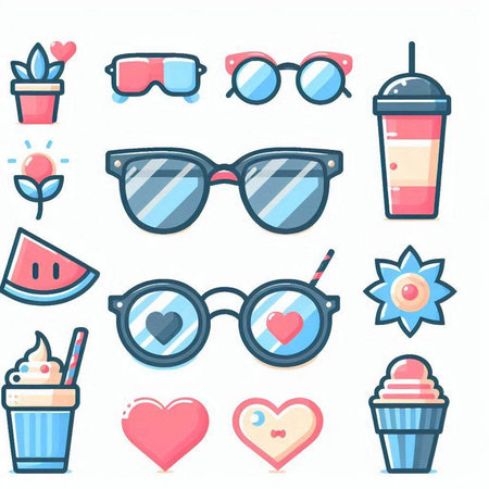 Vector set of glasses, sunglasses, heart, ice cream, watermelon, ice cream, heart, flower.のイラスト素材