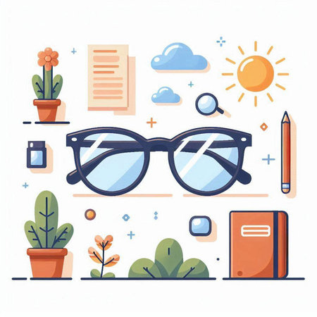 Vector illustration of glasses, books, pencils, plants, sun and clouds.のイラスト素材