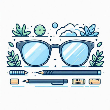 Eyeglasses, pencils, eraser, eraser, ruler, pencil, clock and plant. Vector line art illustration.のイラスト素材