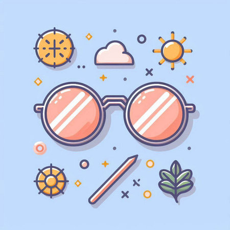 Sunglasses and sun. Vector illustration in flat linear style.のイラスト素材