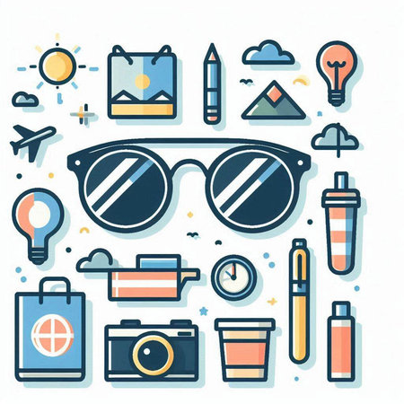 Flat line art hipster travel and vacation icons set. Vector illustrationのイラスト素材