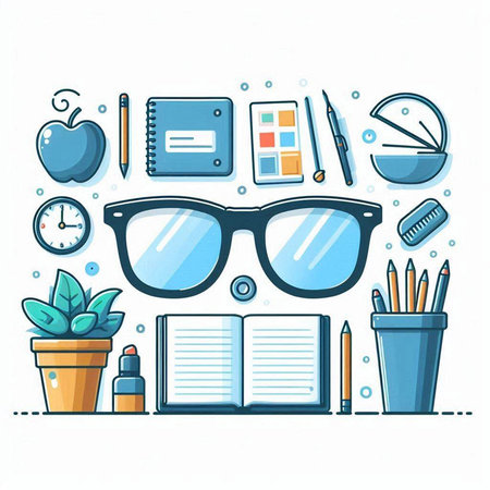 Vector illustration of back to school background with glasses, notebook, stationery and stationery.のイラスト素材