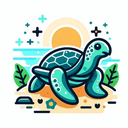 Sea turtle flat color icon. Vector illustration of turtle on the beach.のイラスト素材