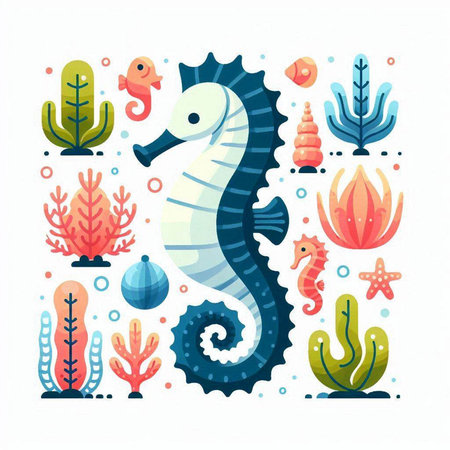 Sea horse, seaweed, starfish, seahorse, corals, algae. Vector illustrationのイラスト素材