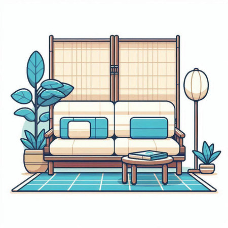 Living room with sofa, armchair and plants. Vector illustration.のイラスト素材