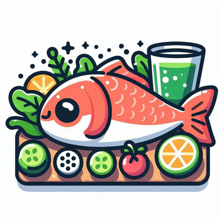 Vector illustration of sushi with salmon, vegetables and glass of juice. Isolated on white background.のイラスト素材