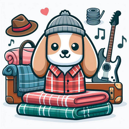 Vector illustration of a cute cartoon dog sitting on a suitcase with a guitar and a hat.のイラスト素材