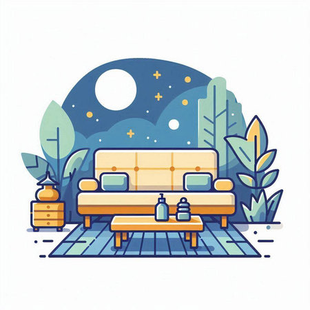 Vector illustration of a cozy living room with a sofa, coffee table and plants.のイラスト素材
