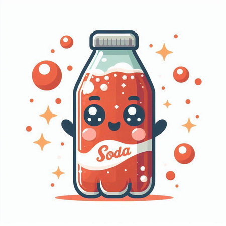Cute cartoon bottle of soda with funny face. Vector illustration.のイラスト素材
