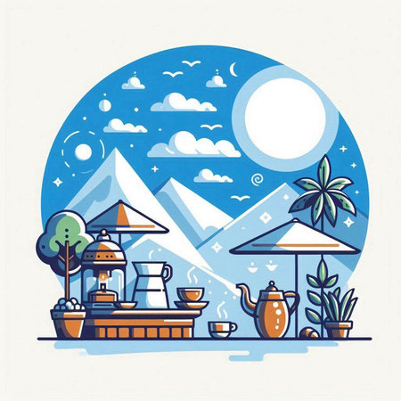 Vector illustration of tea ceremony in flat style with mountains and palm treesのイラスト素材