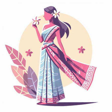 Vector illustration of Indian woman in traditional dress with flower in her handのイラスト素材
