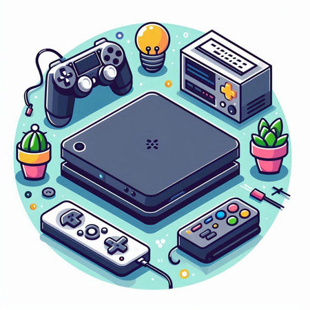 Electronic devices isometric vector illustration. Computer, gamepad, video game console, video game controller, joystick and lightbulb.のイラスト素材