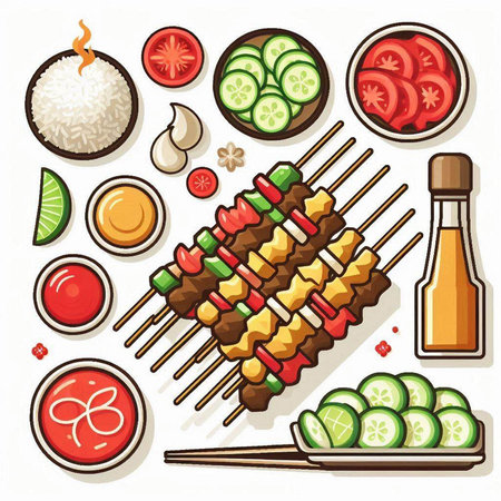 Illustration of Asian cuisine. Set of food icons. Vector illustration.のイラスト素材