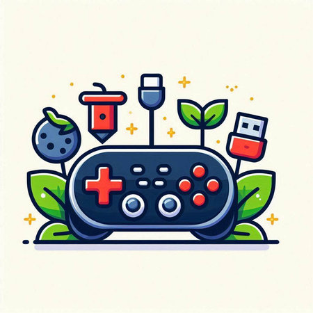 Gamepad and green leaves. Vector illustration in flat line style.のイラスト素材