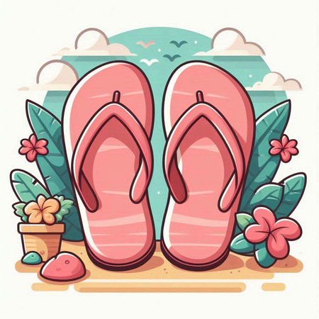 Flip flops on the beach. Vector illustration in cartoon styleのイラスト素材