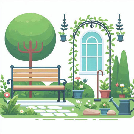 Vector illustration of a park with a bench and plants in pots.のイラスト素材