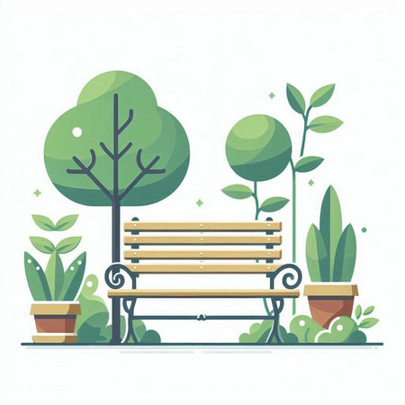 Vector illustration of a bench in the park with trees and plants.のイラスト素材
