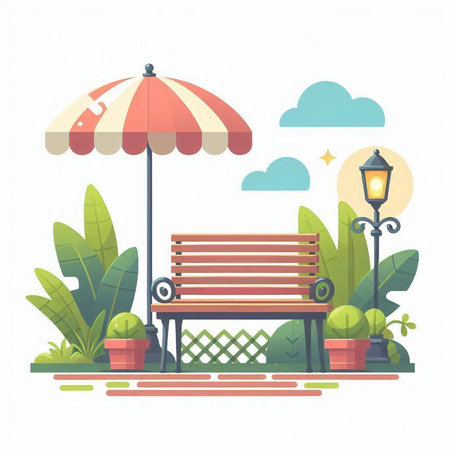 Bench with umbrella in the park. Vector illustration in flat style.のイラスト素材
