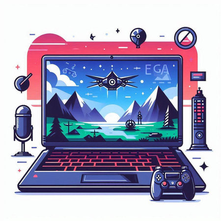 Vector illustration of a laptop with a video game on the screen.のイラスト素材