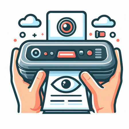 Hands holding retro camera. Vector illustration in thin line style.のイラスト素材