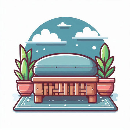 Illustration of a wooden bed in a cozy room with plants.のイラスト素材
