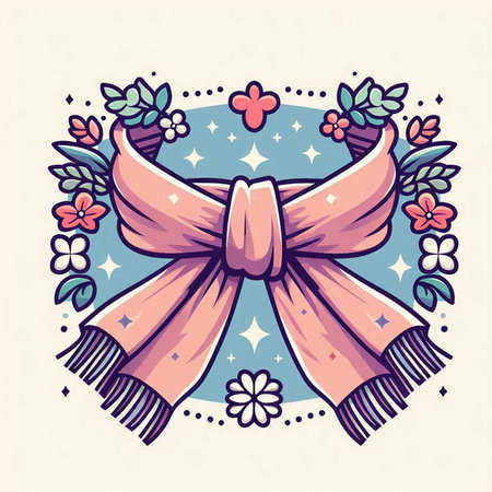 Vector hand drawn illustration of a pink bow with flowers and leaves.のイラスト素材