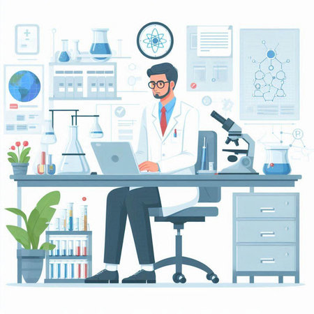 Scientist working in laboratory. Vector illustration in flat cartoon style.のイラスト素材