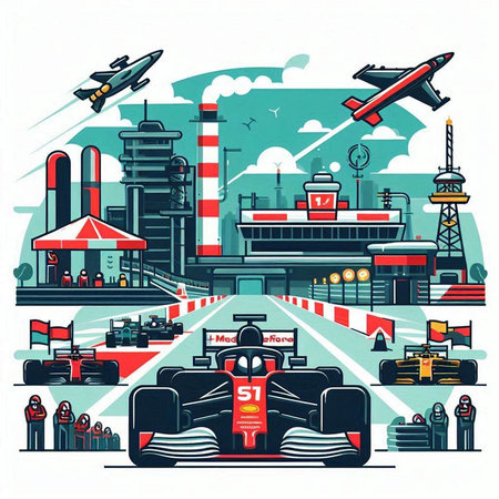 Kart race track with racing cars and equipment. Vector illustration.のイラスト素材