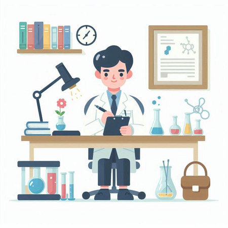 Male scientist working in laboratory. Vector illustration in flat cartoon style.のイラスト素材