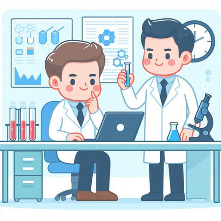 Two scientists working at the laboratory. Vector illustration in cartoon style.のイラスト素材