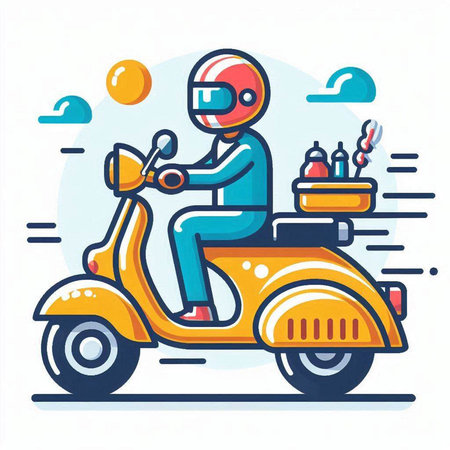 Vector illustration of delivery man in helmet riding scooter. Flat style design.のイラスト素材