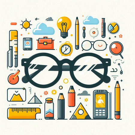 Trendy flat line design vector illustration of glasses, pencils, ruler, pen, eraser, compass and other accessories.のイラスト素材