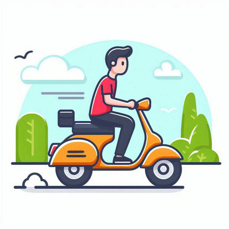 Man riding a scooter in the park. Flat vector illustration.のイラスト素材