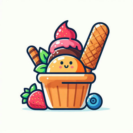 Cute cartoon ice cream vector illustration. Sweet dessert character with ice creamのイラスト素材