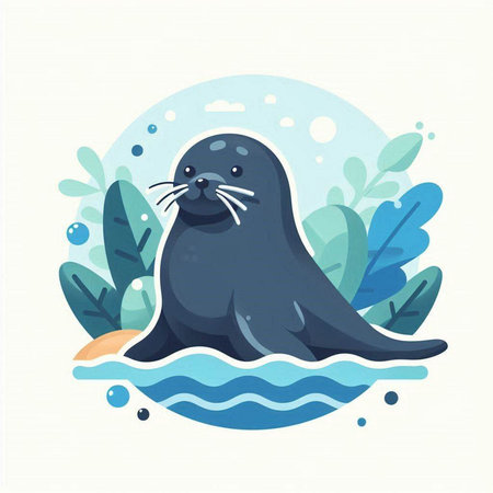 Sea lion on the seashore. Vector illustration in flat styleのイラスト素材