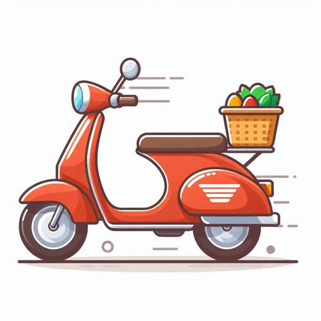 Retro scooter with basket of food. Cartoon vector illustration.のイラスト素材