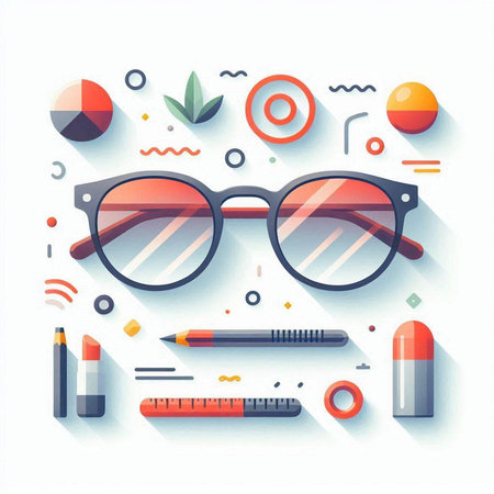 Eyeglasses, pen, pencil, eraser, eraser, eraser and other school supplies. Flat style vector illustration.のイラスト素材