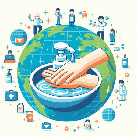 Washing hands with soap and sanitizer. Vector illustration in flat styleのイラスト素材