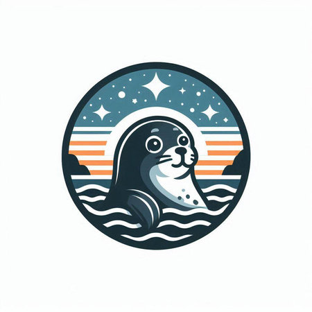 Circular emblem with a seal in the water. Vector illustration.のイラスト素材