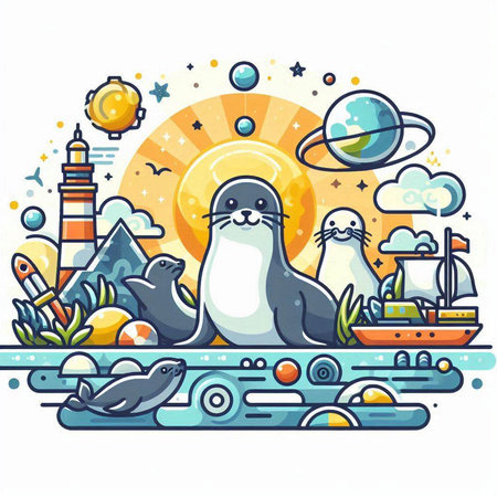 Vector illustration of sea animals on the background of the solar system.のイラスト素材