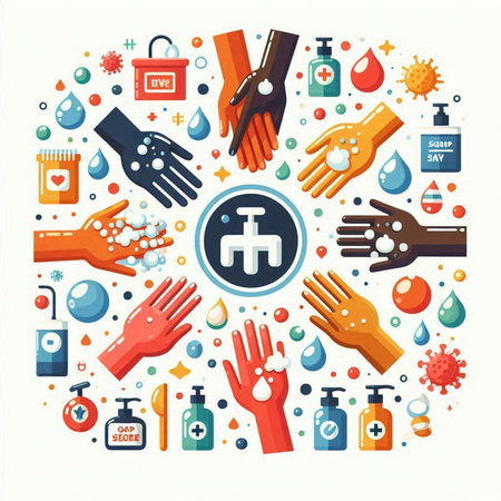 Coronavirus protection concept. Washing hands with soap and disinfectant. Vector illustrationのイラスト素材