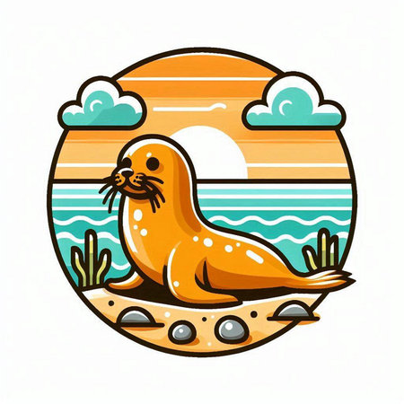 Sea lion on the beach. Vector illustration in a flat style.のイラスト素材