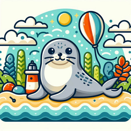 Cute seal on the seashore. Vector illustration in cartoon styleのイラスト素材