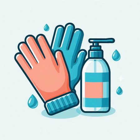 Hand sanitizer gel and gloves. Vector illustration in cartoon styleのイラスト素材