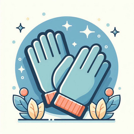 Vector illustration of protective gloves on blue background with stars and leaves.のイラスト素材