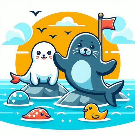 Cute seal on the ice. Vector illustration in cartoon style.のイラスト素材