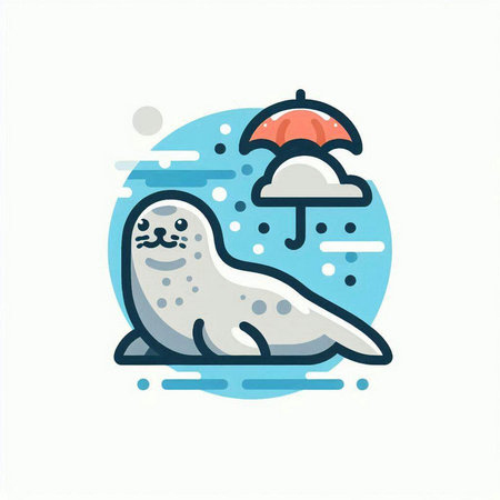 Cute seal and umbrella flat icon. Vector illustration of seal and umbrella.のイラスト素材