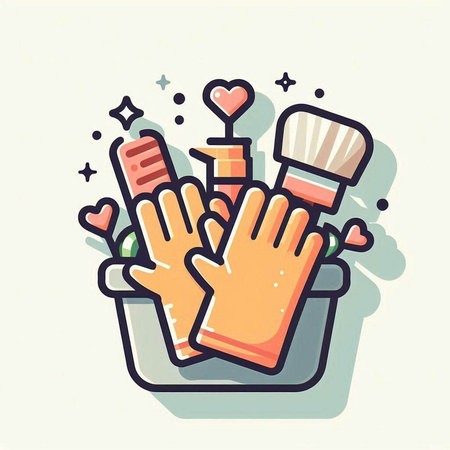 Hand drawn vector illustration of a set of cleaning products in a bucket.のイラスト素材