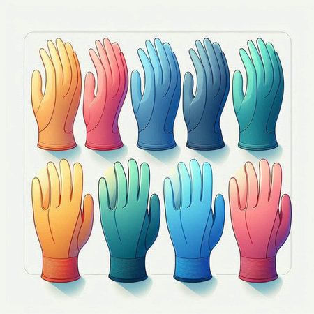 Illustration of rubber gloves in different colors on a white background.のイラスト素材